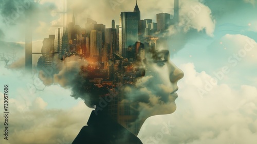 Abstract image of businessman's head silhouette with city emerging from ideas in head and mind. It symbolizes the thoughts and ideas buzzing in your head. photo