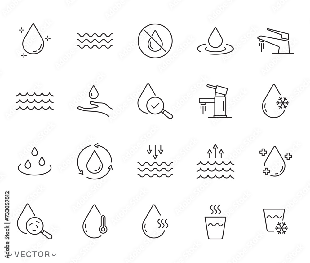 Water Line Icon Set, Drop Water Thin Linear Icon, Mineral Water, Low ...