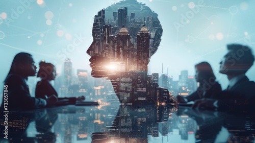 Abstract image of a businessman's head silhouette with a city popping up from thoughts in the head and mind. It symbolizes the thoughts and ideas buzzing in your head. Illustration concept photo