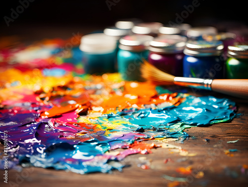 paints and brushes. Copy space. Bright background with colors. creative potential. creative thinking.