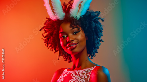 Funny cheerful confident African-American young woman wearing white fluffy rabbit ears.