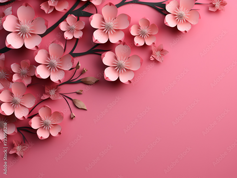 Colourful handmade paper flowers on pink background.  a blooming cherry branch. spring picture. Beautiful floral background. copy space