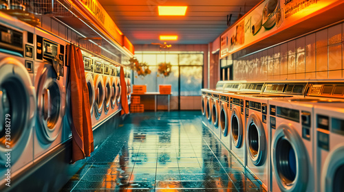 Interior of a self-service laundry.