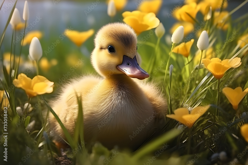 Cute duckling and flowers on the shore of the lake - Ai Generated