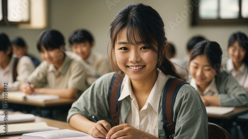 Studentessa di origini asiatiche sorridente durante una lezione in classe photo