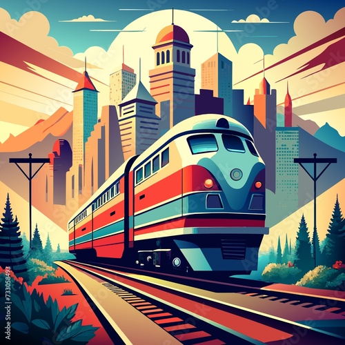 train and buldings in mountain and jungle view