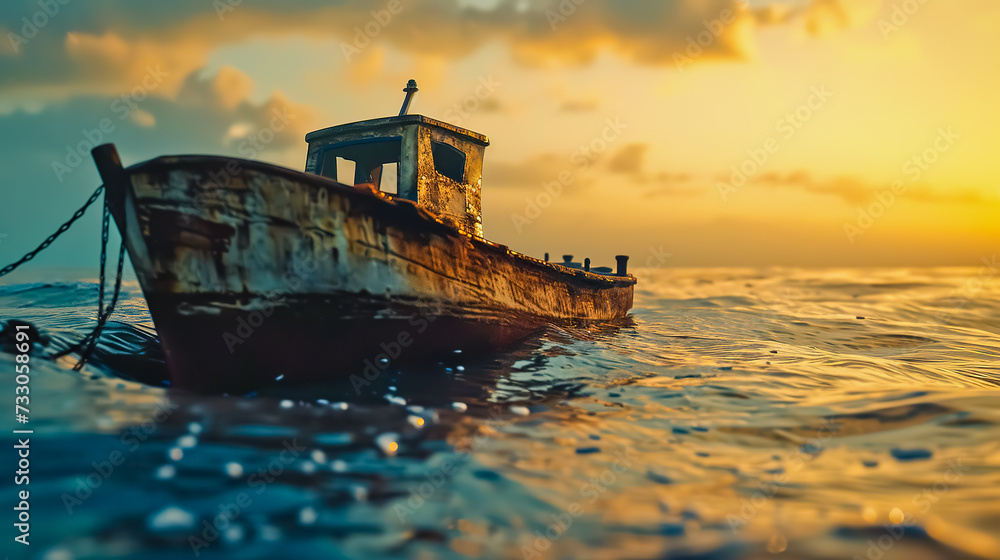 Fototapeta premium Lonely dilapidated boat on the lake