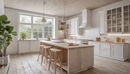 modern kitchen interior with kitchen, Empty minimalist kitchen with scandinavian style with wooden and white details, luxury kitchen interior in white tone