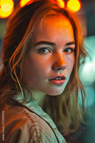 Portrait of a very beautiful and young woman in her 20s looking at the camera.