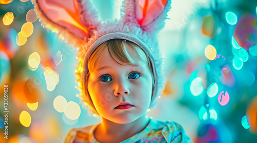 Portrait of funny kid boy with plush bunny ears on head covering eyes with multicolored Easter eggs.
