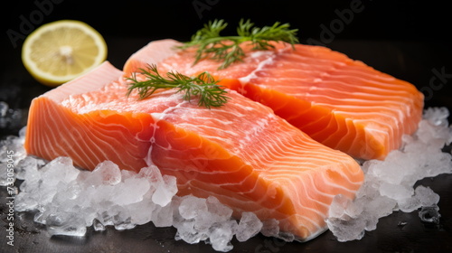 Fresh Salmon Steaks on Ice - Perfectly cut raw salmon steaks, chilled on ice with dill and a slice of lemon, ready for a healthy meal
