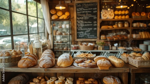 Artisan Bread and Pastries Display in Rustic Bakery Shop