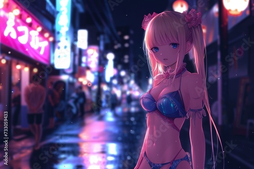 Anime Girl in Bikini party outfit on a neon lit street