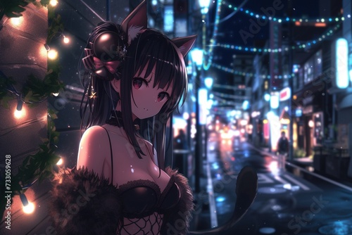 Anime girl in black party outfit on the street