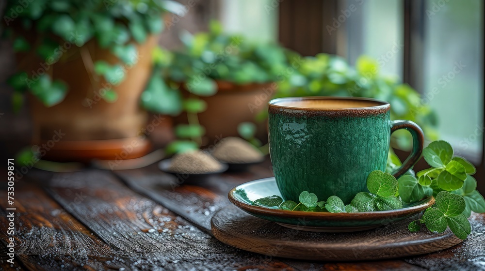 Warm drinks on the table in the morning during st patrick's celebration. Warm drinks on the table in the morning during st patrick's celebration.