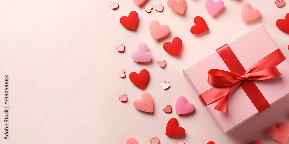 Valentine's day background with red gift box and hearts on pink background Love minimalist composition for Mothers day or healthcare concept.