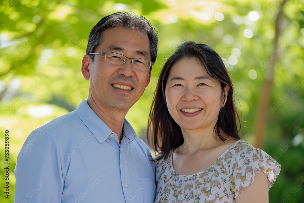 Smiling Asian couple enjoying a sunny day outdoors Smiling Asian couple enjoying a sunny day outdoors