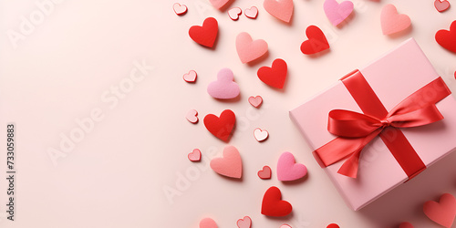 Valentine's day background with red gift box and hearts on pink background Love minimalist composition for Mothers day or healthcare concept. © sumia
