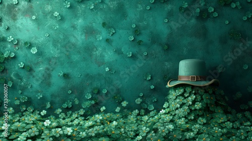 Leprechaun hat on a pile of clover leaves on a dark green background. St Patrick's Day background