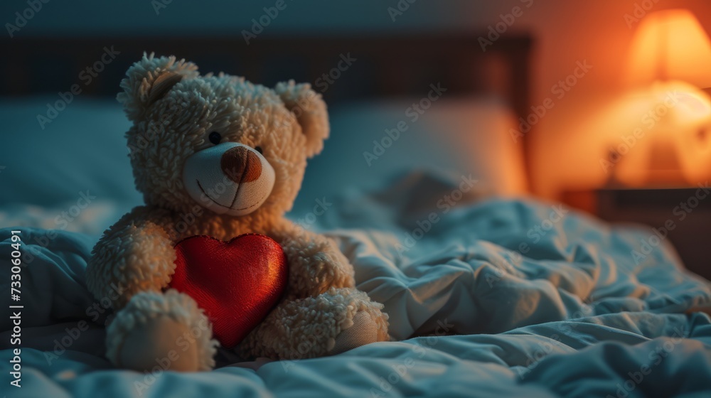 a teddy bear very cute and cuddly on a bed
