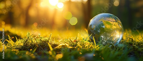 Earth globe on grass in springtime, in the style of double exposure, lens flares, environmental awareness, glass as material, forest punk, bokeh. green technology and environmental change concept.