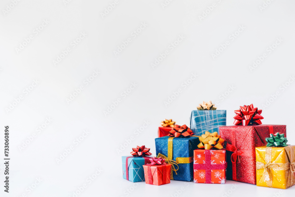 Fototapeta premium Pile of colorful presents on white background.