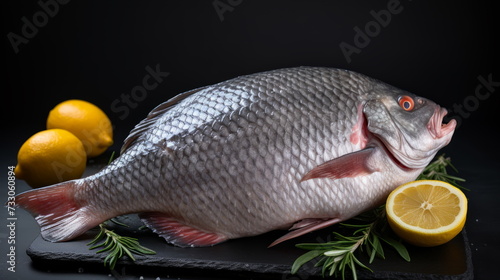 Prepared Mackerel on Ice with Lemon and Rosemary - Two fresh mackerel fish with vertical cuts, ready for cooking, presented on a dark slate with ice, lemon wedges, and rosemary