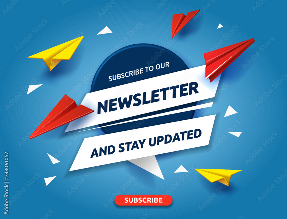 Newsletter subscription banner with paper plane. Web banner in blue background. 3D Vector illustration for online marketing and business. Template for mailing and newsletter. UI mockup. Newsletter subscription banner with paper plane. Web banner in blue background. 3D Vector illustration for online marketing and business. Template for mailing and newsletter. UI mockup.