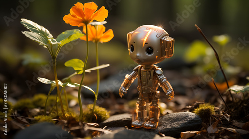 Perdu dans la forêt, un petit robot trouve une fleur solaire. Ensemble, ils cherchent la lumière, guidant l'un l'autre vers un nouveau départ. photo