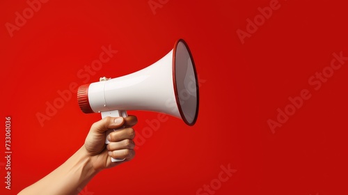 Female hand holding a megaphone on a red background with copy space