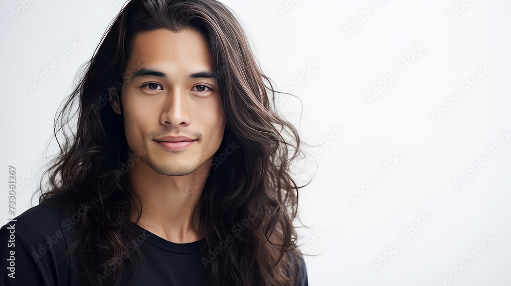 Elegant handsome smiling young male Asian guy with long hair, on white background, banner, copy space, portrait. Elegant handsome smiling young male Asian guy with long hair, on white background, banner, copy space, portrait.