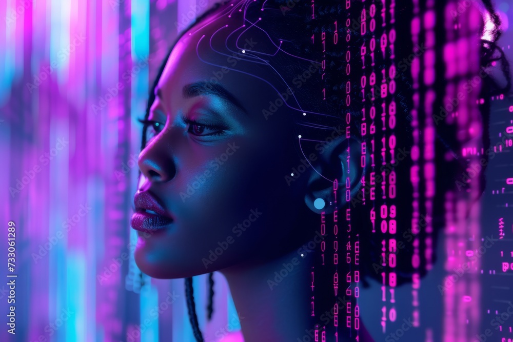 An african beautiful woman with nice manicures, Intricate vertical lines of purple and blue code cascade around her as holograms
An african beautiful woman with nice manicures, Intricate vertical lines of purple and blue code cascade around her as holograms