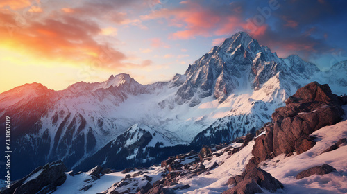 Sunset illuminates a majestic mountain peak covered in snow