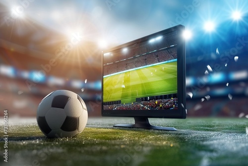 Streaming tv of a soccer match in a stadium. Generative AI