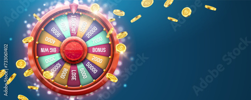 Wheel of fortune with golden coins. Spinning lucky roulette. Vector illustration.