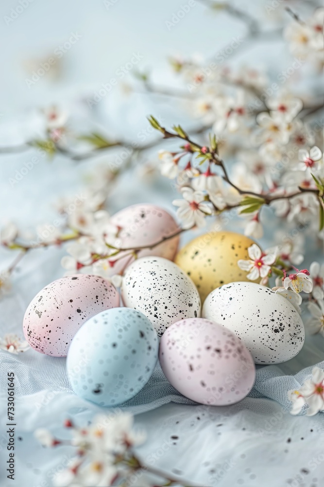 Easter card with colorful eggs in light colors, festive mood, Easter concept.