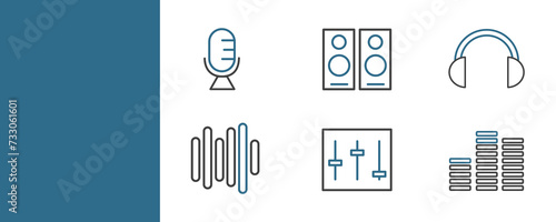 Flat podcast broadcaster icon symbols - Microphone, mixer, audio sequence