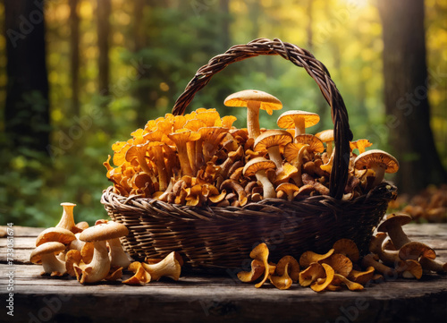 Mushrooms chanterelles in a wicker basket on a wooden table