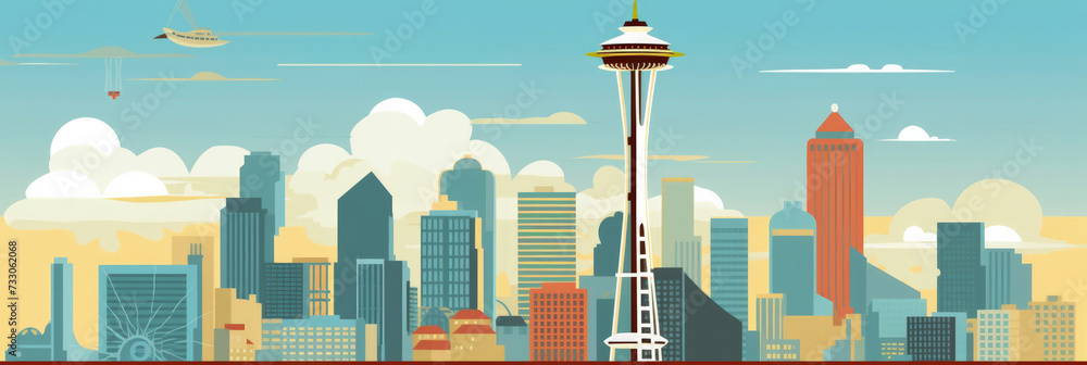 Seattle city panorama, urban landscape. Business travel and travelling of landmarks. Illustration, web background. Buildings silhouette. United States - obrazy, fototapety, plakaty 