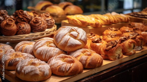 Assortment of Freshly Baked Pastries in a Bakery Display