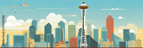 Seattle city panorama, urban landscape. Business travel and travelling of landmarks. Illustration, web background. Buildings silhouette. United States photo