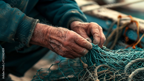 .A close-up image of a weathered fisherman's hands skillfully mending fishing nets on a rustic dock