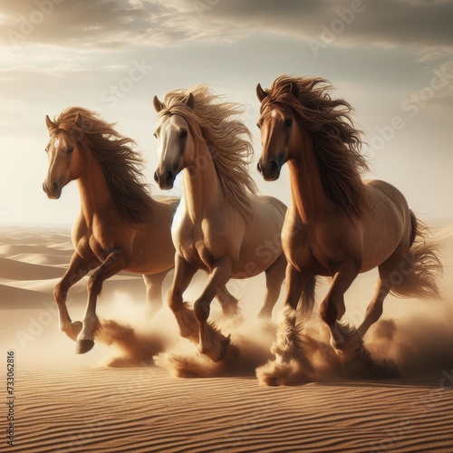 Three wild horses running through desert landscape