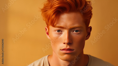 Elegant handsome young male Asian guy with short red hair, on a creamy beige background, banner, copy space, portrait.