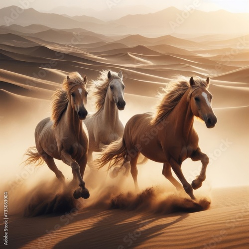 Three wild horses running through desert landscape