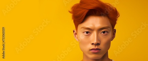 Elegant handsome young male Asian guy with short red hair, on a yellow background, banner, copy space, portrait.