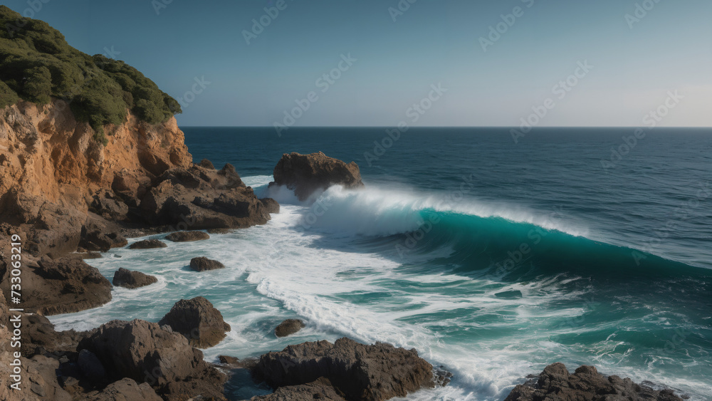  view of a wave breaking on a rocky shore, 
