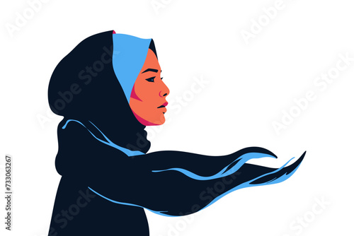 Beauty arabian woman with black hijab on her head looking forward. Strong Female muslim person on white background design for print. Girl power concept for empowerment women. Vector illustration