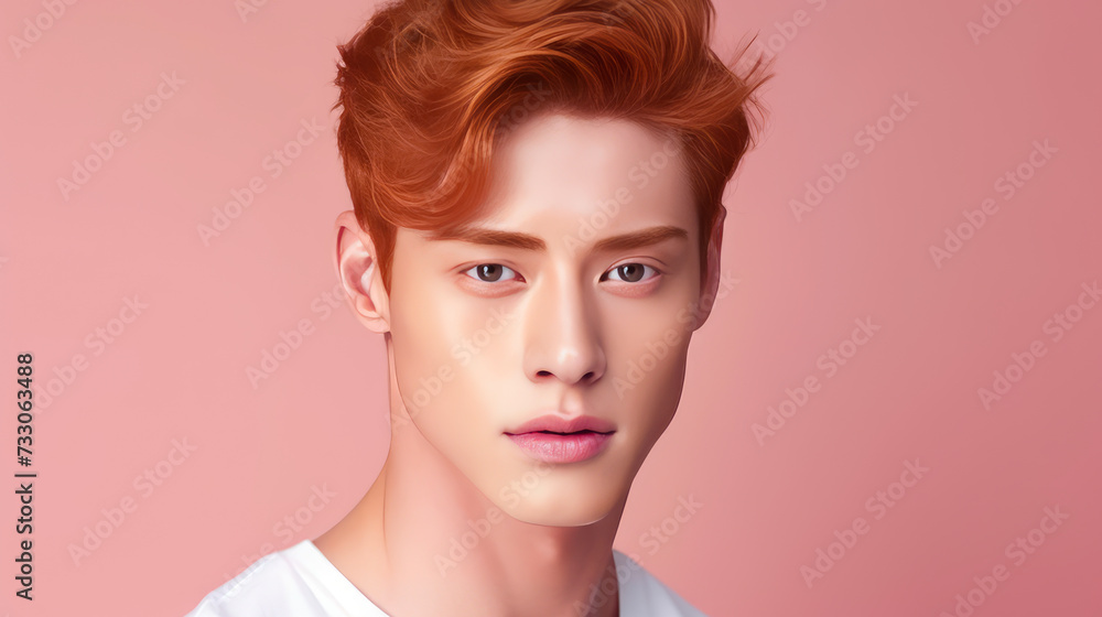Elegant handsome young male Asian guy with short red hair, on a pink background, banner, copy space, portrait. Elegant handsome young male Asian guy with short red hair, on a pink background, banner, copy space, portrait.
