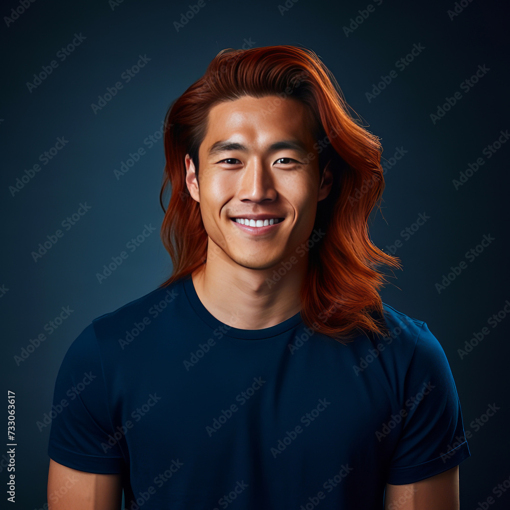 Handsome young man guy smile Asian with long red hair, on a dark blue background, banner, copy space, portrait. Handsome young man guy smile Asian with long red hair, on a dark blue background, banner, copy space, portrait.